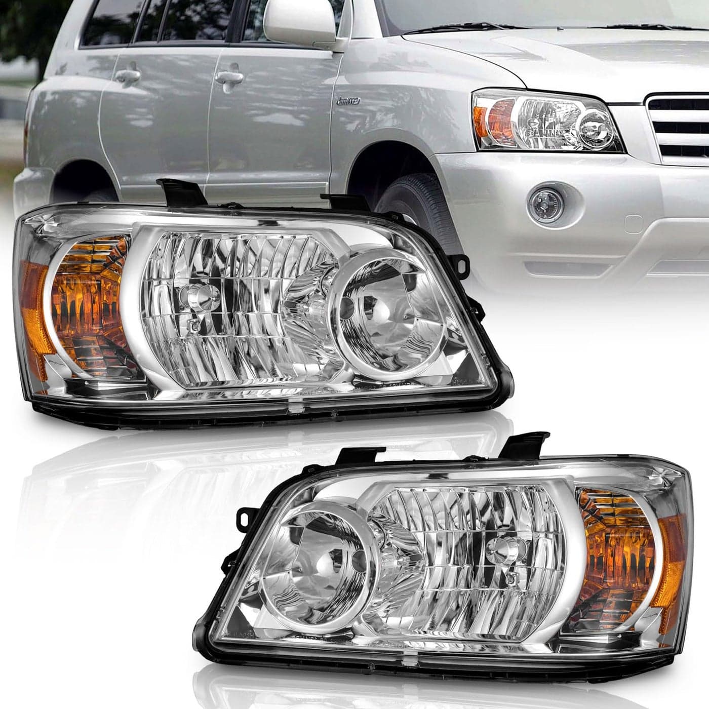 WEELMOTO Headlights Compatible with 20042006 Toyota Highlander Sport Utility Headlight Chrome Housing Amber Reflector LeftRight Side