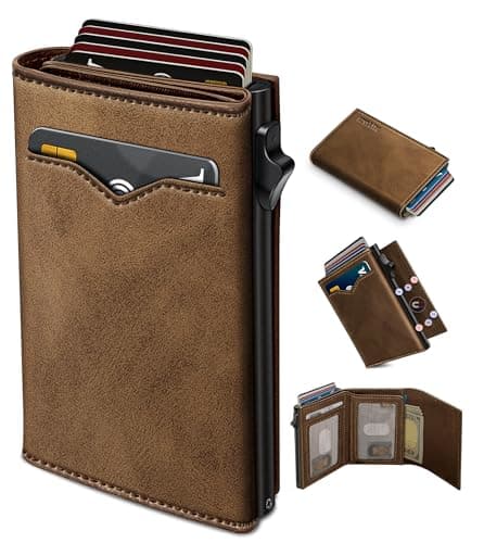 miyozi Wallet for Men,with Cash Pocket 2 ID Window 9-13 Cards,Metal Case Smart Slim Pop Up Credit Card Holder Flip with Magnetic Closure RFID Blocking Trifold wallet with Gift Box
