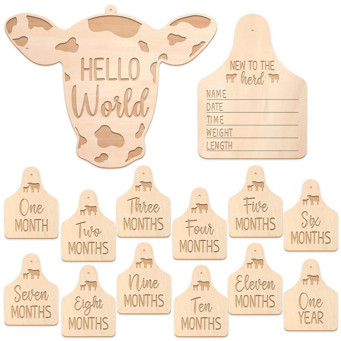 Huray Rayho Cow Baby Monthly Cards Rustic Wooden Herd Cattle Newborn Photography Props to Record Your Babys Growth Gift Set of 14 Reversible Cards for Pregnancy and Baby Shower