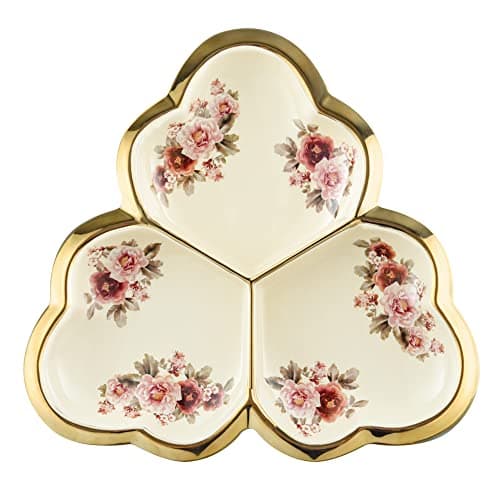 fanquare 3 Compartment Platter, Gold Porcelain Appetizer Serving Tray, Floral Ceramic Divided Serving Plate for Fruit, Candy, Nuts