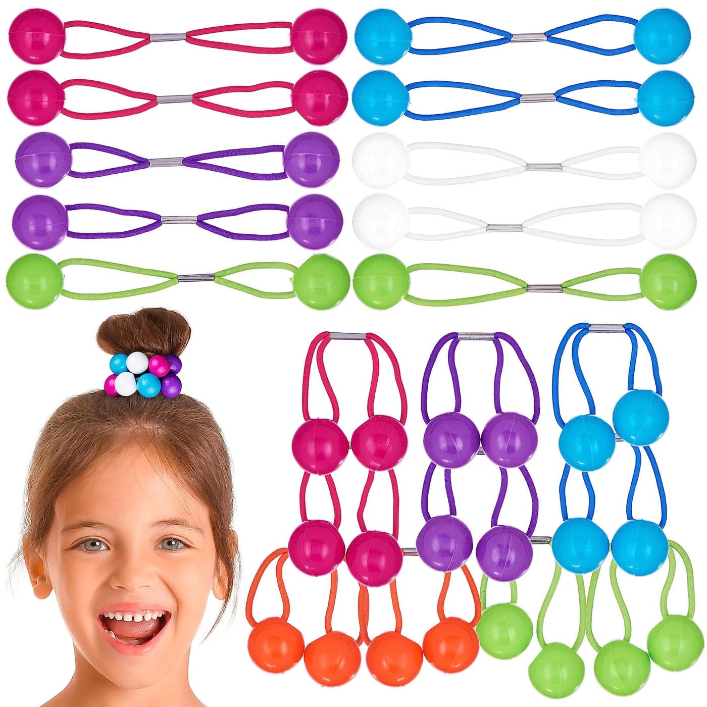 20pc Ponytailers Ponytail Balls Hair Elastics Collection 18mm Round Opaque Multicolored Twin Hair Beads Bauble Hair Ties Ponytail Holders Toddler Kids Bobble Hair Tie Value Pack