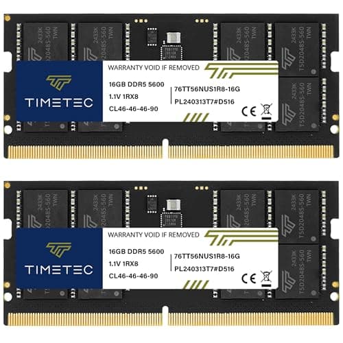Timetec Premium 32GB KIT(2x16GB) DDR5 5600MHz PC5-44800 Unbuffered Non-ECC 1.1V CL46 1Rx8 Single Rank 262 Pin SODIMM Laptop Memory RAM Upgrade