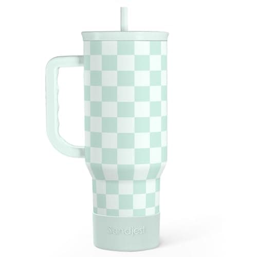 SANDJEST Checkered Tumbler with Handle 40oz, Mint Checker Cup Stainless Steel Insulated Tumblers Coffee Travel Mug Cups with Straw, Gifts for Women Girls Teen Birthday Christmas