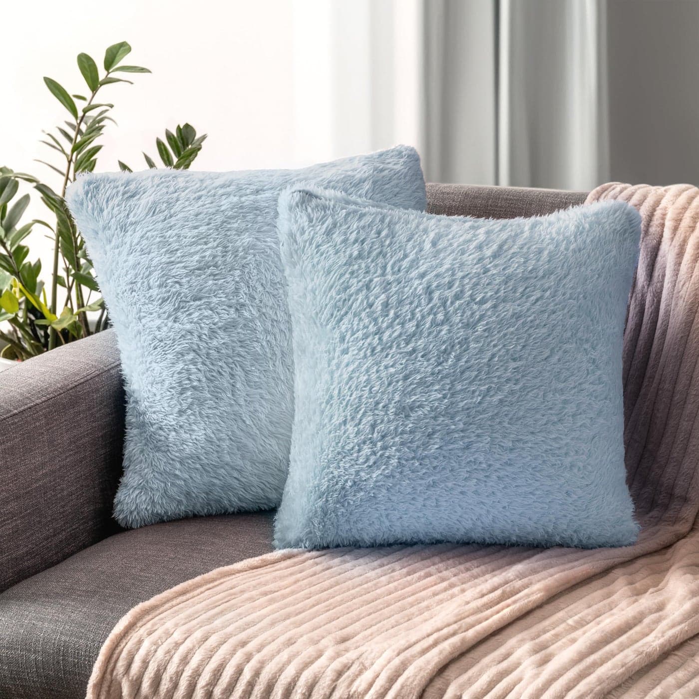 PAVILIA Fluffy Dusty Blue Throw Pillow Covers Decorative Accent Pillow Cases for Bed Sofa Couch Soft Faux Fur Cushion Cover Square Sherpa Pillowcases Home Room Decor Blue 18x18 Set of 2