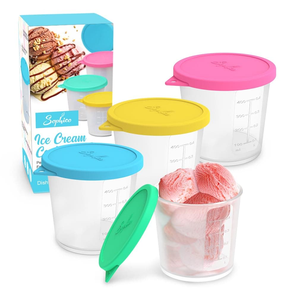 SOPHICO Ice Cream Pint Containers with Silicone Lids Freezer Food Storage Tubs for Homemade IceCream Meal Prep Yogurt and Soup Airtight Dishwasher Safe MEDIUM 4 Pack