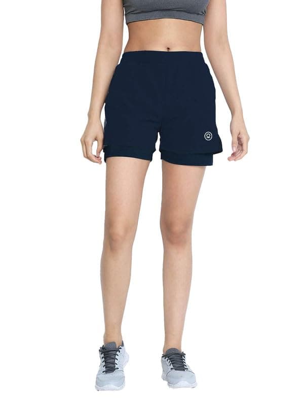 CHKOKKO Gym Shorts for Women Workout Sports Running Quick Dry Fit Double Layer Inner Compression with Pockets Breathable Lightweight Wear Navy Blue XXL