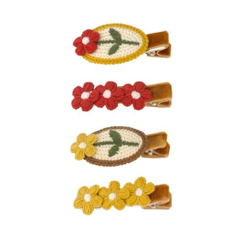 4Pcs Cute Knitted Floral Hair Clips for Girls Women Red Yellow Embroidered Flower Duckbill Clips with Green Leaves Crochet Barrettes Retro Pastel Hair Accessories