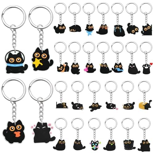 30Pcs Black Cat Keychains Bulk,DIY Cute Cat Keychain Charms,Animals Backpack Charms Decor for Girls,Cool Novelty Backpack Keychains ,Funny PVC Key Ring ,Prize Box for Classroom and Party Favors gifts