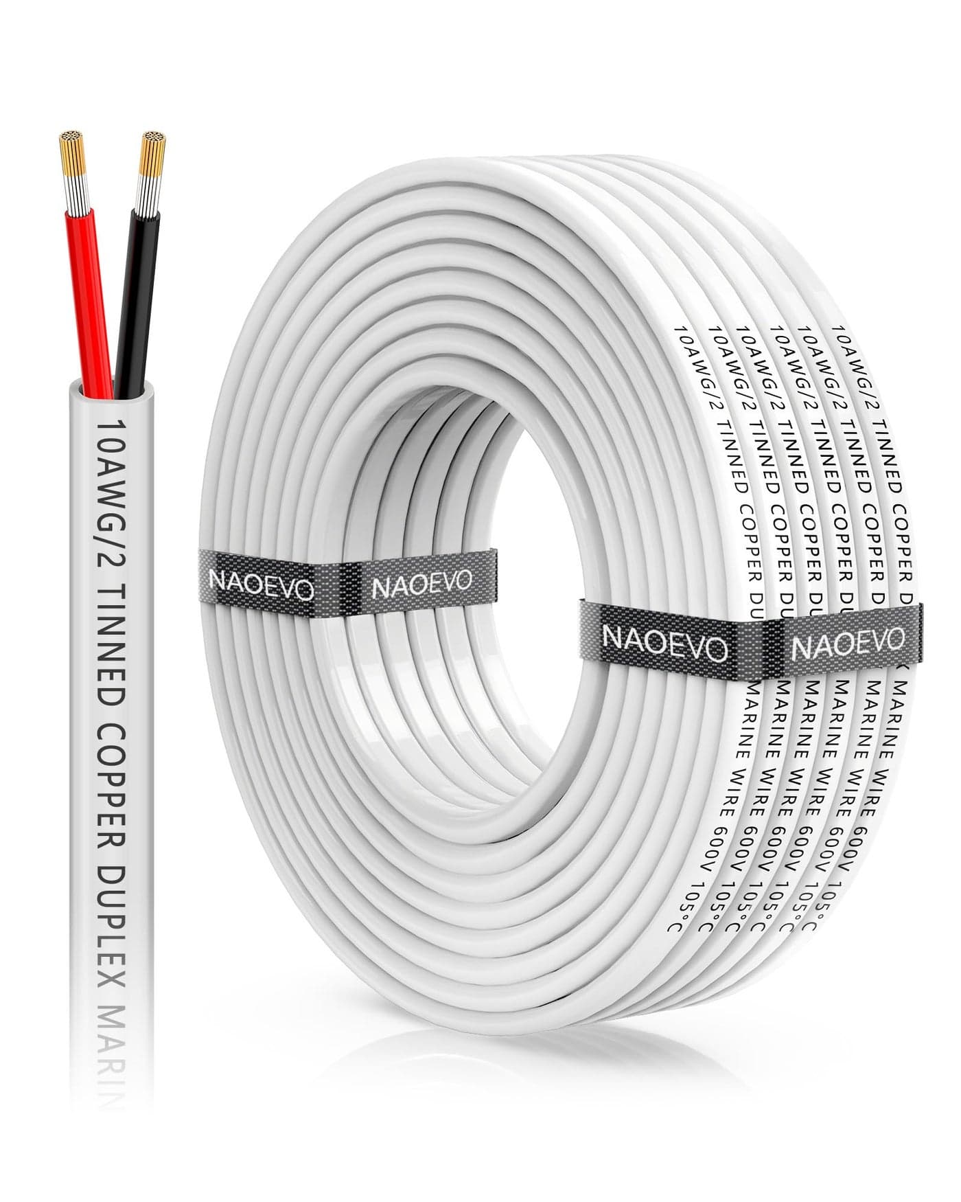NAOEVO 10 Gauge Marine Wire Duplex Marine Grade Wire, 10 AWG Wire Stranded PVC Boat Electrical Wire, Waterproof/Corrosion Resistant/Tinned Copper 10/2 Wire for Boat/Automotive/RV/Solar (30FT-9M)