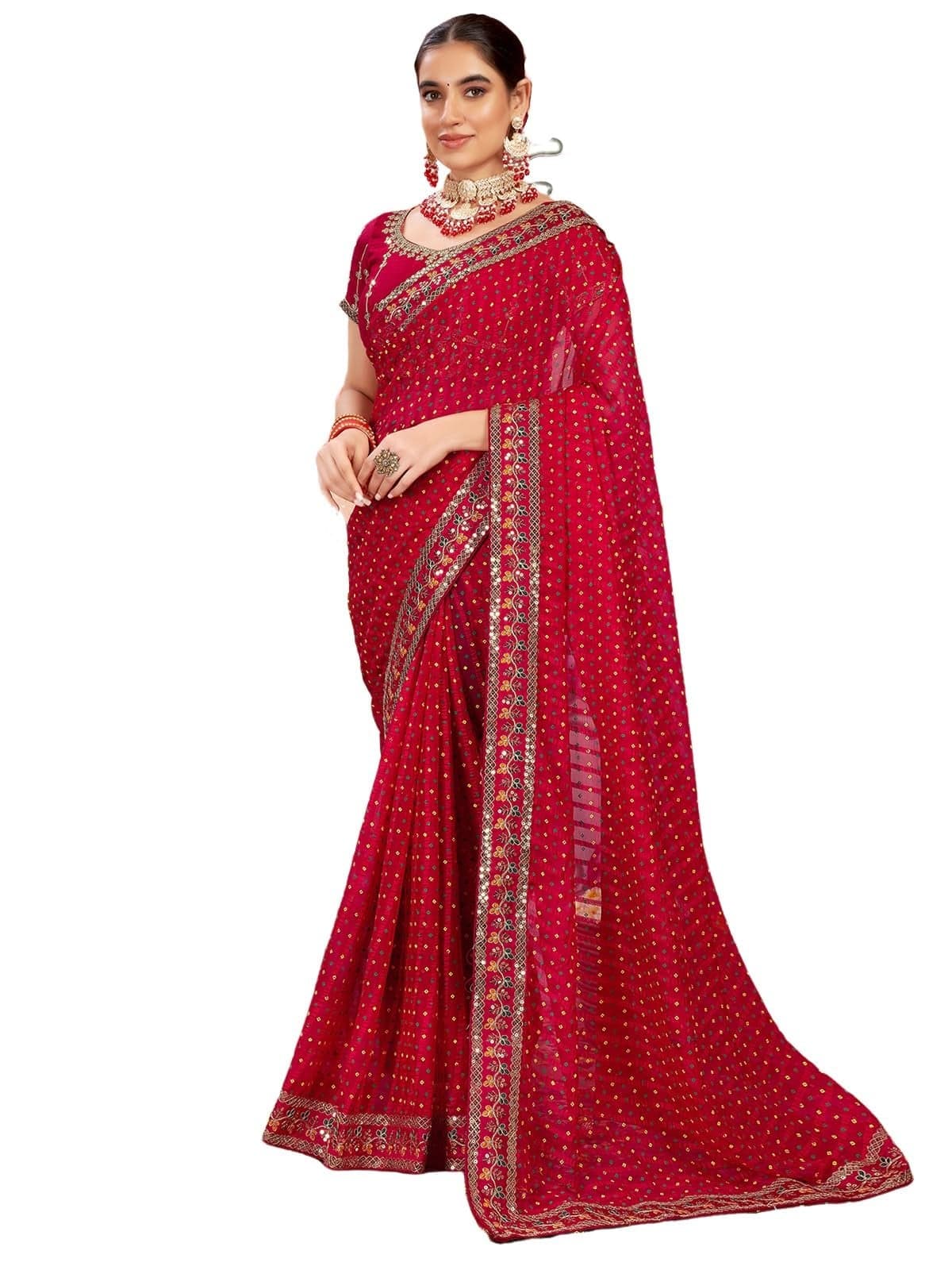 Satrani Women's Chiffon Sequin Embroidery Lace & Bandhani Printed Saree with Unstitched Blouse Piece (4114S651N_Red)