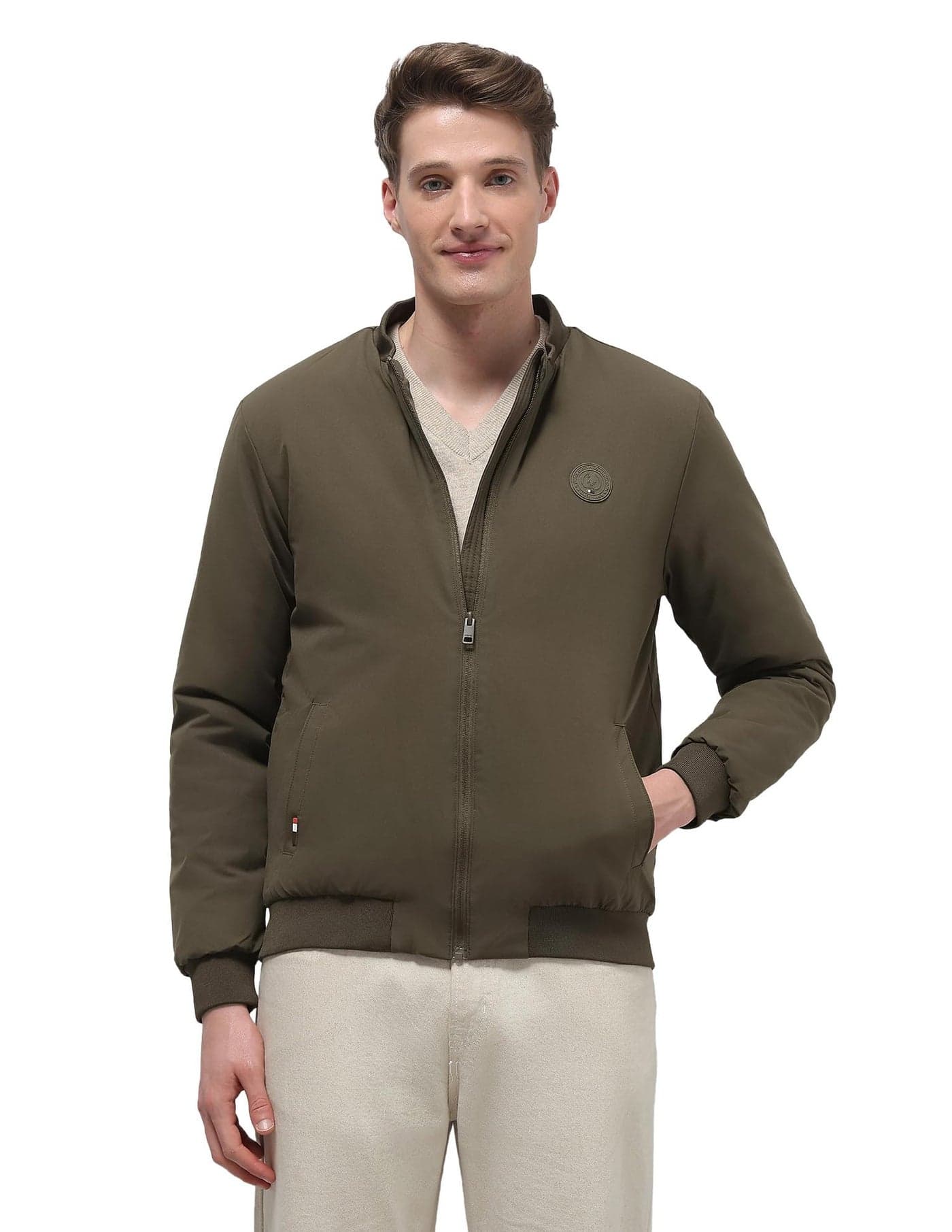 U.S. POLO ASSN. Mens Light Padded Bomber Jacket Full Sleeve Jackets (USJCKS052_Olive_L)