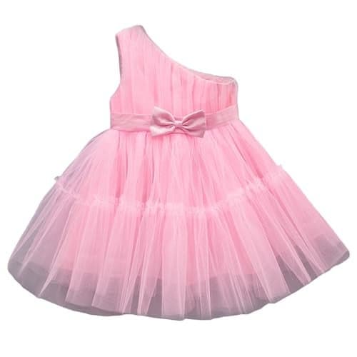 A.T.U.N. Girls Solid One Shoulder Bow Fit & Flare Dress Pink