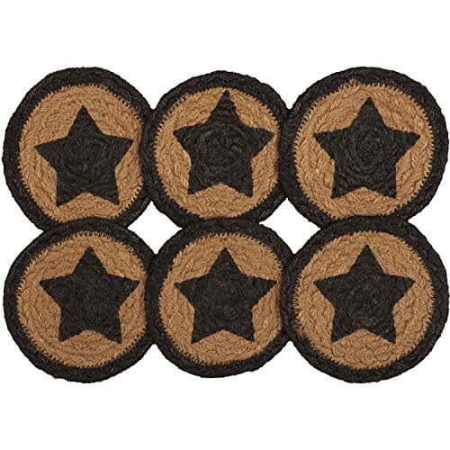 VHC Brands Farmhouse Primitive Jute Black Textured Round Kitchen Coaster Stencil Star Set of 6 4"