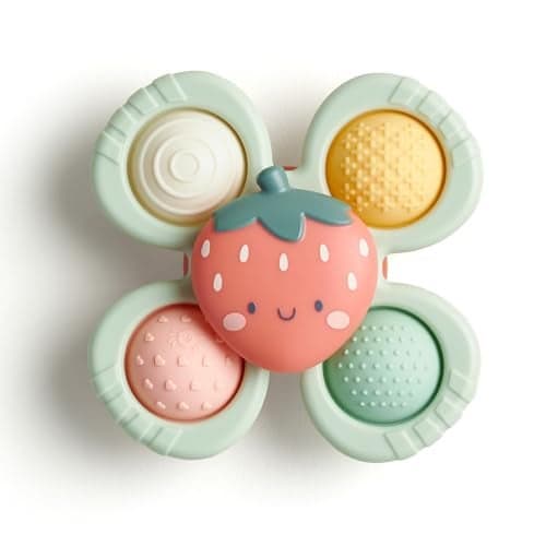 Itzy Ritzy Pop Whirl Fidget Spinner Travel Bath Toy for Babies Toddlers Fidget wTextured Silicone Popper to Develop Fine Motor Skills Sticks to Highchairs Tables Tubs More Strawberry