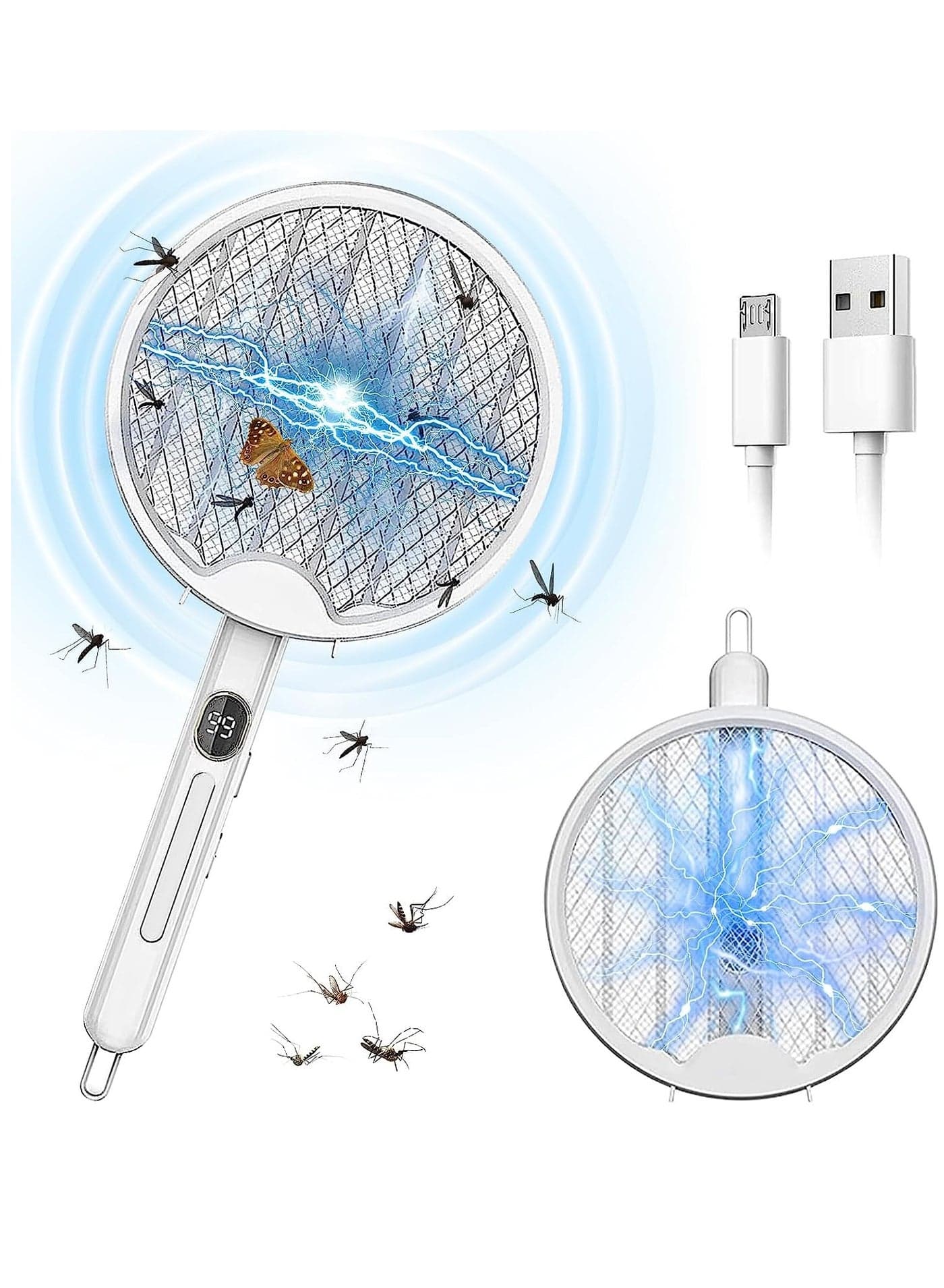4 in 1 Electric Fly Swatter with Power Display, Foldable u0026 Hangable,Automatic Fly Swatter with Powerful Mosquitoes Trap Lamp, for Travel u0026 in Home