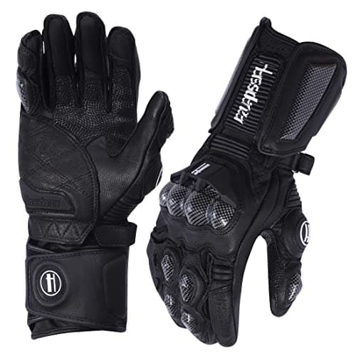 Harssidanzar Leather Motorbike Gloves for Men and Women,Powersports Carbon Fiber Knuckle Protection Motorcycles Gloves KM045,Black,Size L