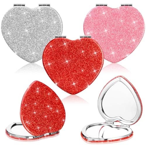 Geelin 3 Pcs Heart Compact Folding Mirror Valentine's Day Gift for Women Mini Red Pink Silver Pocket Mirror 1x/2x Magnifying Double Sided for Mother's Day Purse Travel Cosmetic Birthday Party Favor