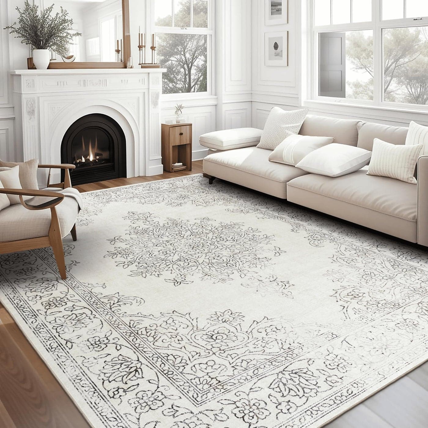 ReaLife Rugs Machine Washable Area Rug Runner Living Room Bedroom Bathroom Kitchen Entryway Office Padded Low Pile Stain Resistant Premium Boho Farmhouse Vintage Paige Ivory 3 x 5