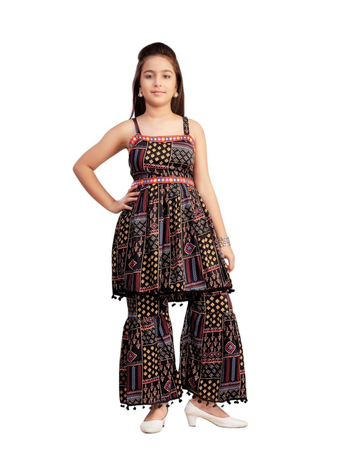 Aarika Girls Ethnic Wear Black Colour Printed/Mirror Lace Polyester Kurti Sharara Set-(4-15 Years)-(SH-30418-BLACK-32)