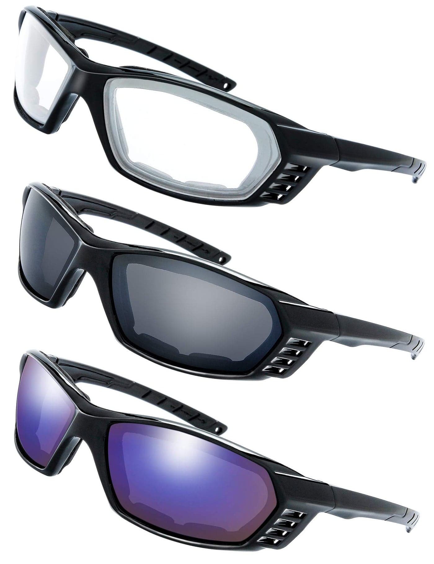 The Fresh Motorcycle Riding Glasses Padded Frame Lens Block 100% UVB for Outdoor Activity Sport (24-Black, Clear, Grey, & Blue Mirror)