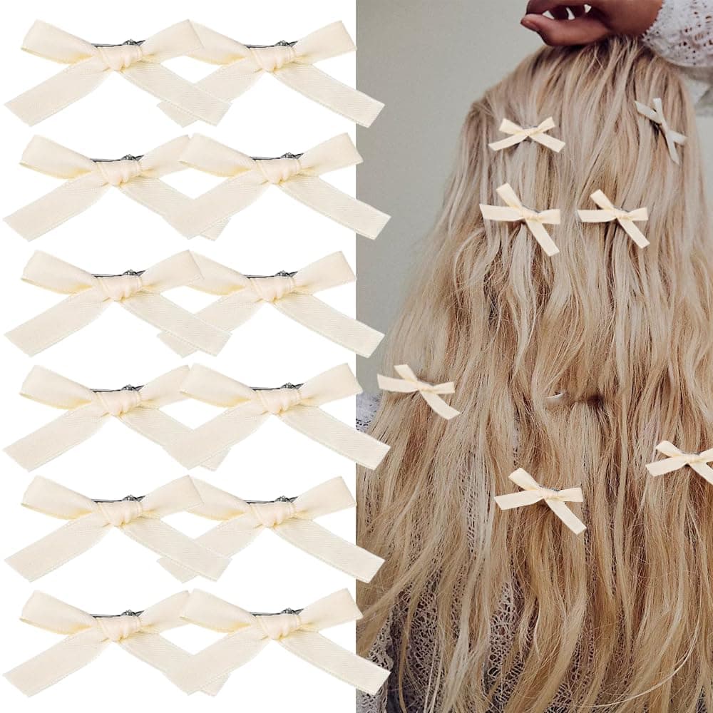 12PCS Beige Hair Accessories Silk Hair Ribbons Clips Mini Bows and Barrettes for Women and Girls