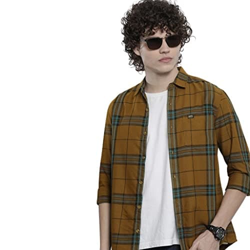 The Indian Garage Co Men Cotton Checkered Slim Fit Shirt (1122-SHDCTWYD-01-02_Beige 2XL)