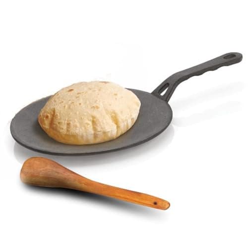 Lifelong Cast Iron Roti Tawa with Wooden Spatula for Dosa, Chapati | 25.5 cm, 2kg | Pre Seasoned Non-Toxic, Non-Stick & Teflon Free, Durable | Roti Tawa & Spatula Set, Gas & Induction Stove-Friendly