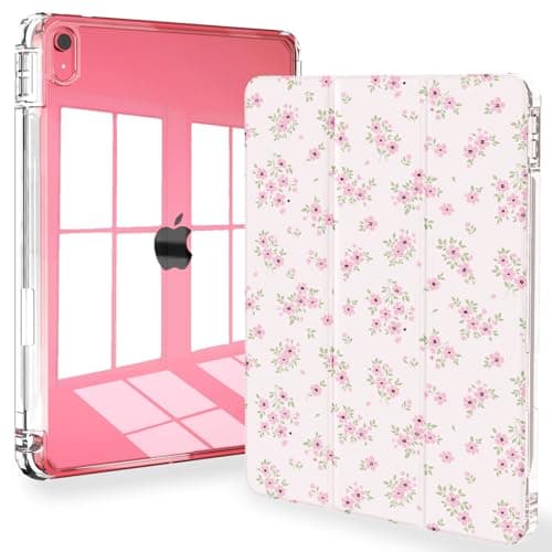 Feams Case for iPad (A16) 11th Generation 11 Inch 2025, iPad 10th Generation 10.9 Inch 2022, Slim iPad A16 Case Clear Back Cover with Pencil Holder & Auto Sleep, Pink Blossom