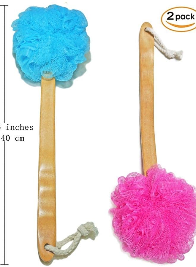 Shower Loofah Body & Back Scrubber - Exfoliating Loofah Bath Brush On a Stick - With Long Wooden Handle Back Brush For Men & Women - Easy Reach Body Wash & Lotion Applicator( 2 PACK- Blue&Red)