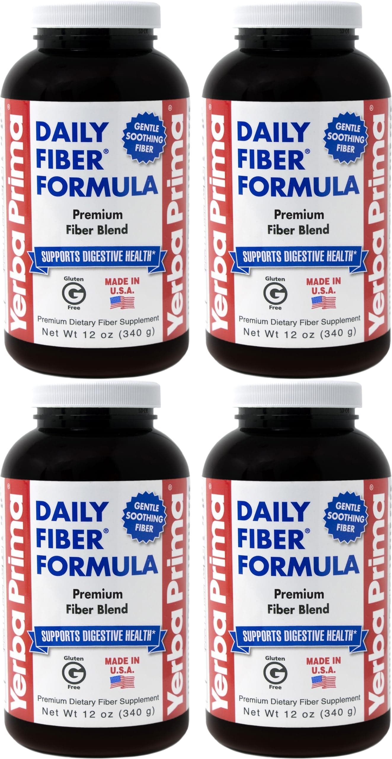 Yerba Prima Daily Fiber Formula Powder 12 oz Pack of 4 Soluble Insoluble Dietary Fiber Supplement Gut Health Vegan NonGMO GlutenFree