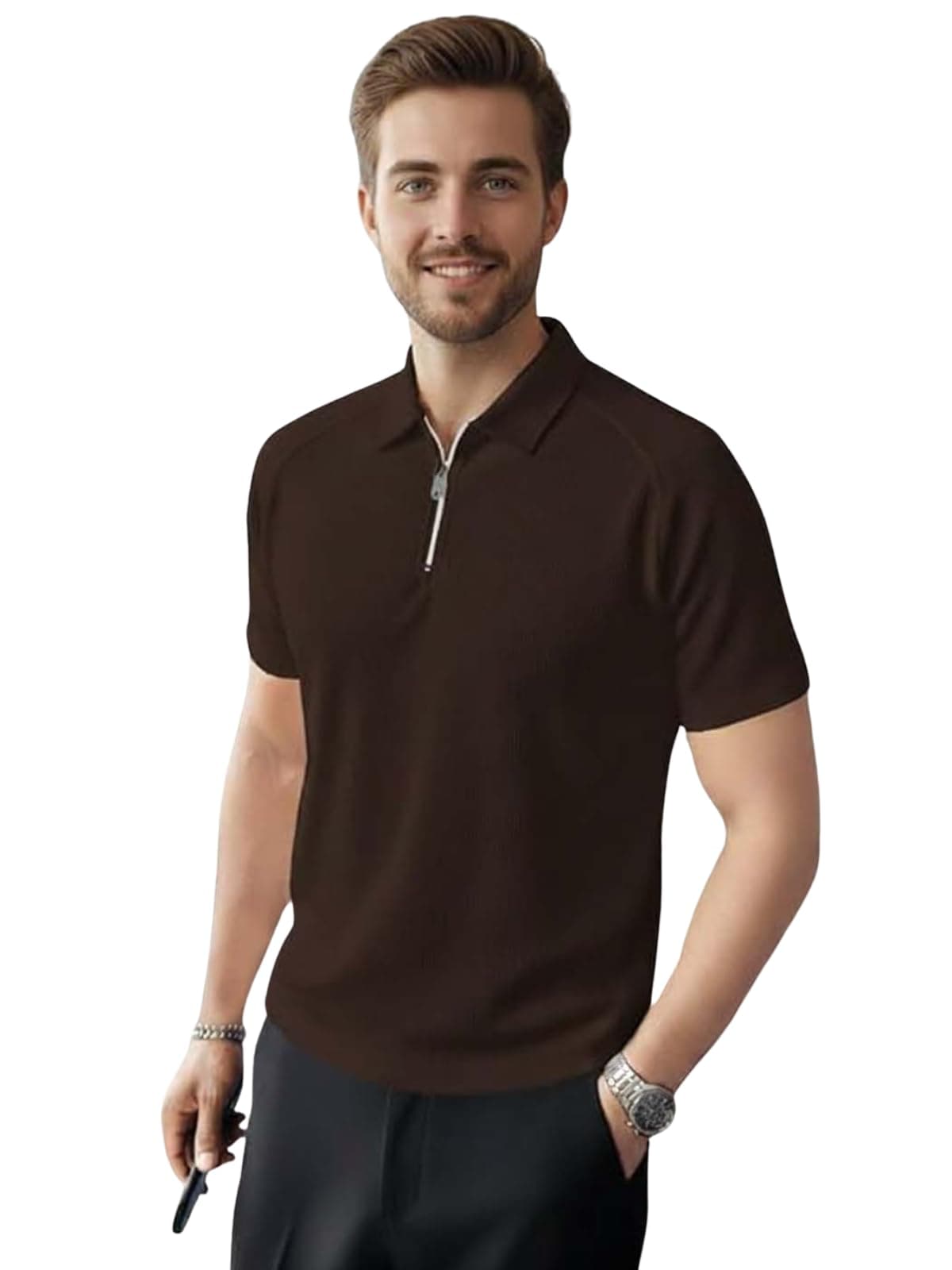 GRECIILOOKS Men T-Shirt | Tshirt for Mens | Polo T Shirt |Old Money Tshirts (GL-MT-1234-S-DARK Brown)