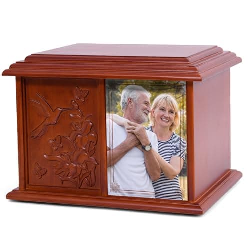 Double Urn for 2 Adults - Wooden Cremation Urn for Human Ashes Male Female Companion Urns for Ashes Women Men Carved 400 Lbs Large Hummingbird Urns with 4 x 6 Picture Frame