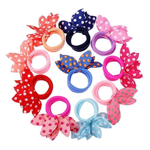 FAMEZA Girl's Rabbit Ear Hair Tie Rubber Bands Style Ponytail Holder (Multicolour) -24 Pieces