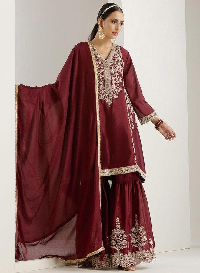 Embroidered V-Neck Kurta and Sharara with Dupatta Set