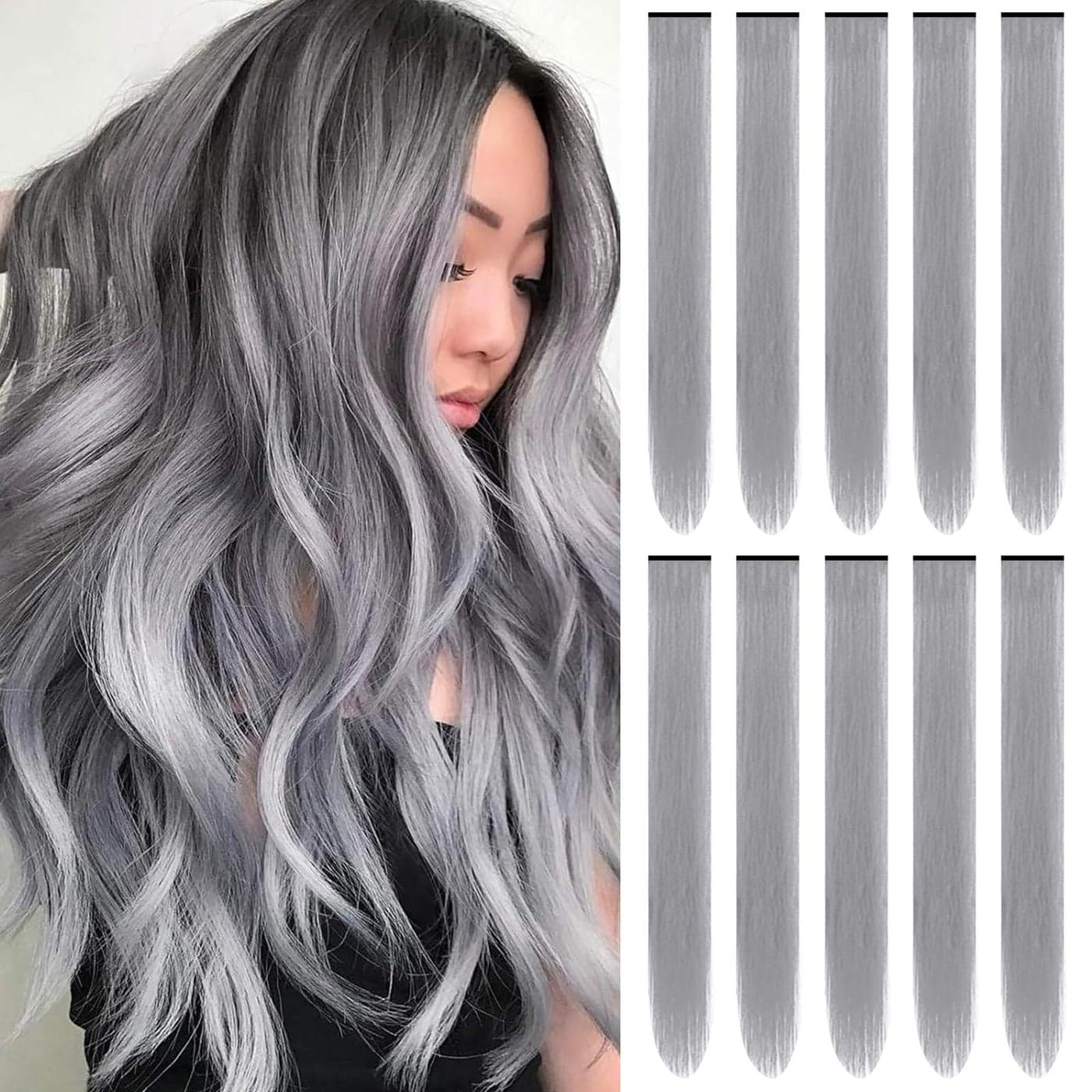 TOFAFA 22 inch Colored Hair Extensions Straight Hairpiece Multicolors Party Highlights Clip in Synthetic Hair Extensions for Girls Women Kids Favor Gift10 PCS Grey
