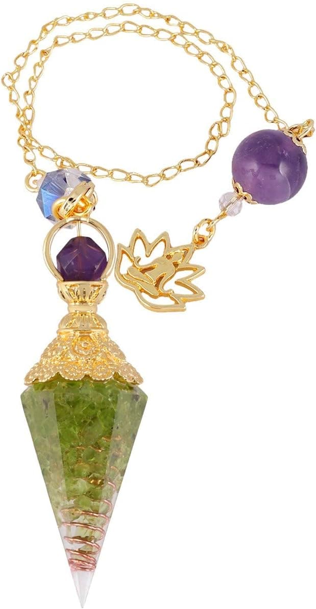 Rockcloud Healing Crystal Point Pendulum for Divination, Chakra Reiki Dowsing Balancing 6 Facet Pendant, Olivine