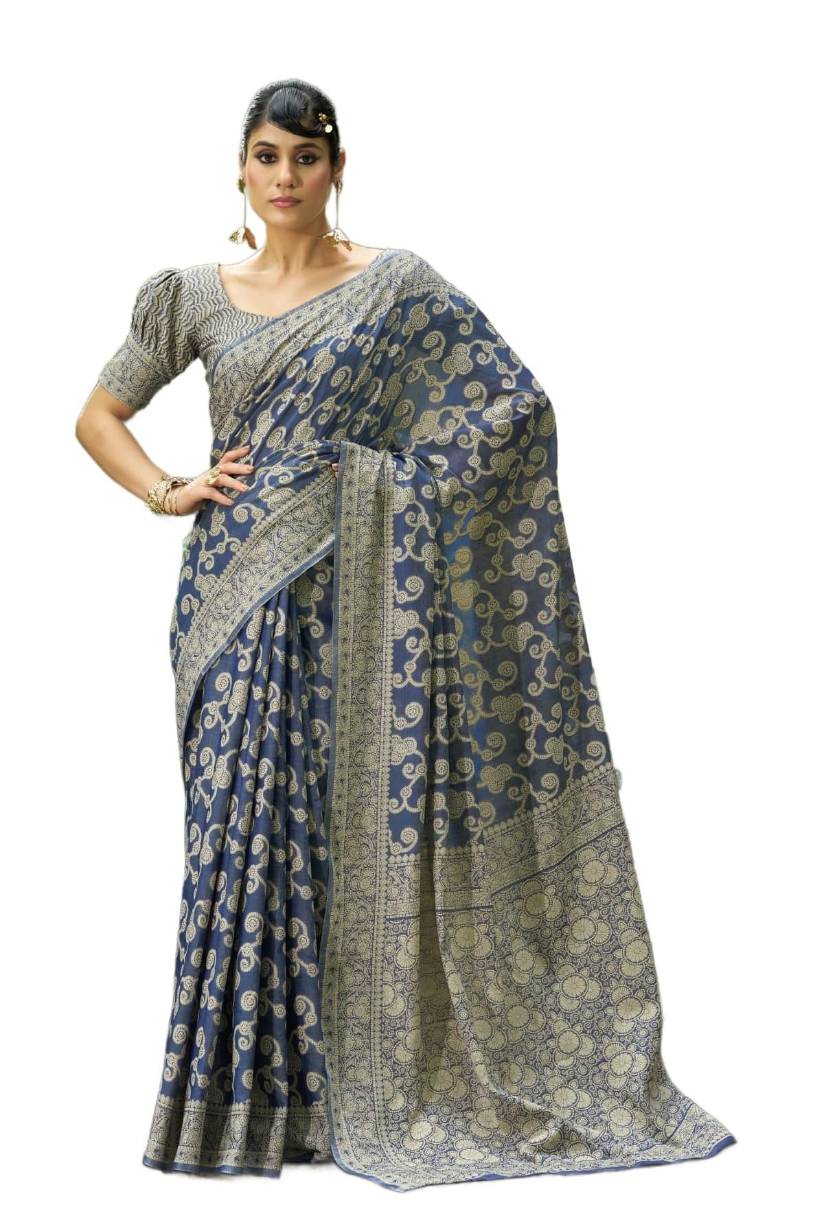 SWORNOF Women's Lucknowi Chikankari Linen cotton Woven Sarees For Women with Blouse sarees for Women (BLUE2)
