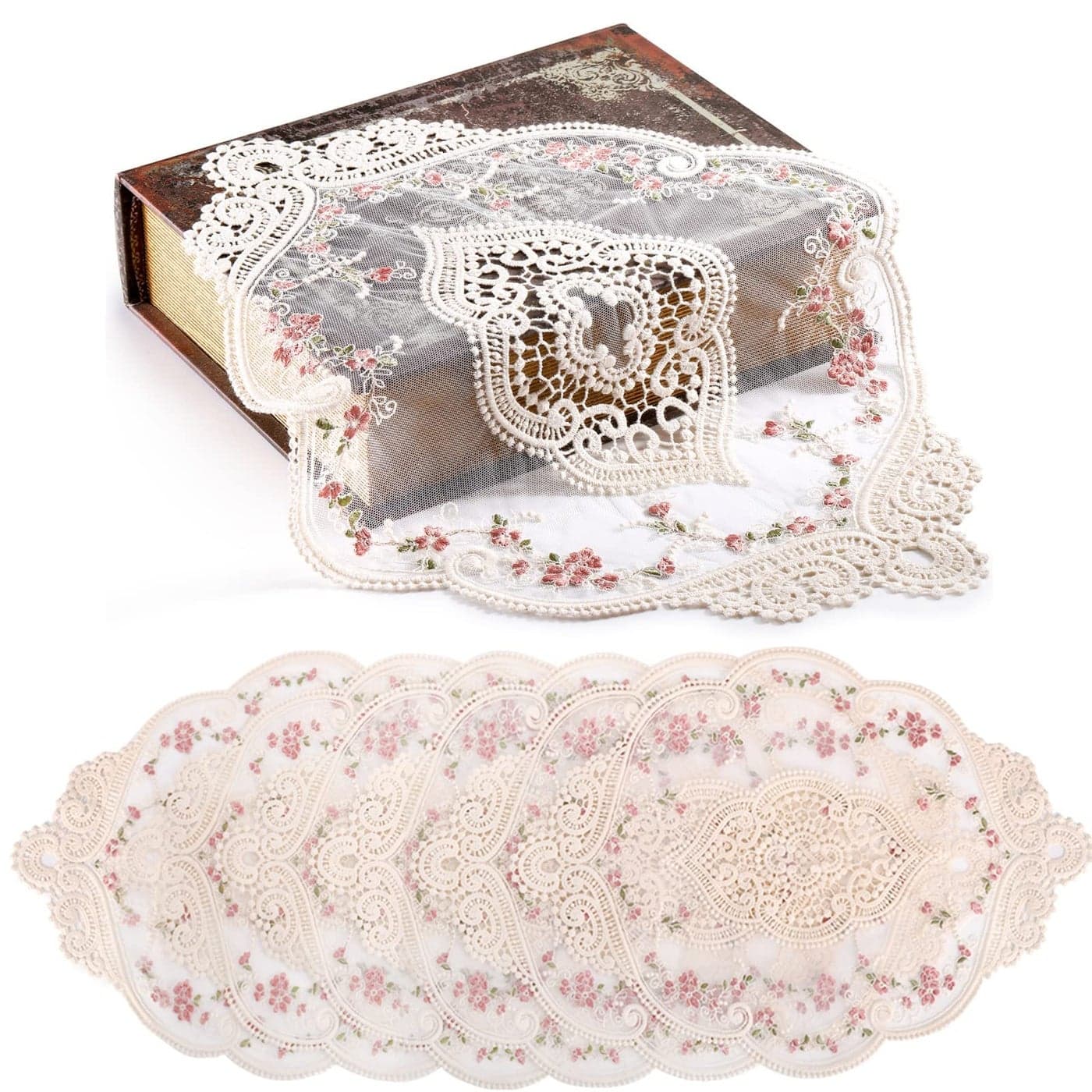 AVLA 6 Pack Lace Placemats Retro French Style Cup Mat Embroidered Dinning Table Place Mats Fashionable Flower Vintage Crochet Lunchmat Doilies Hollow Vase Mat for Home Kitchen Wedding Decoration