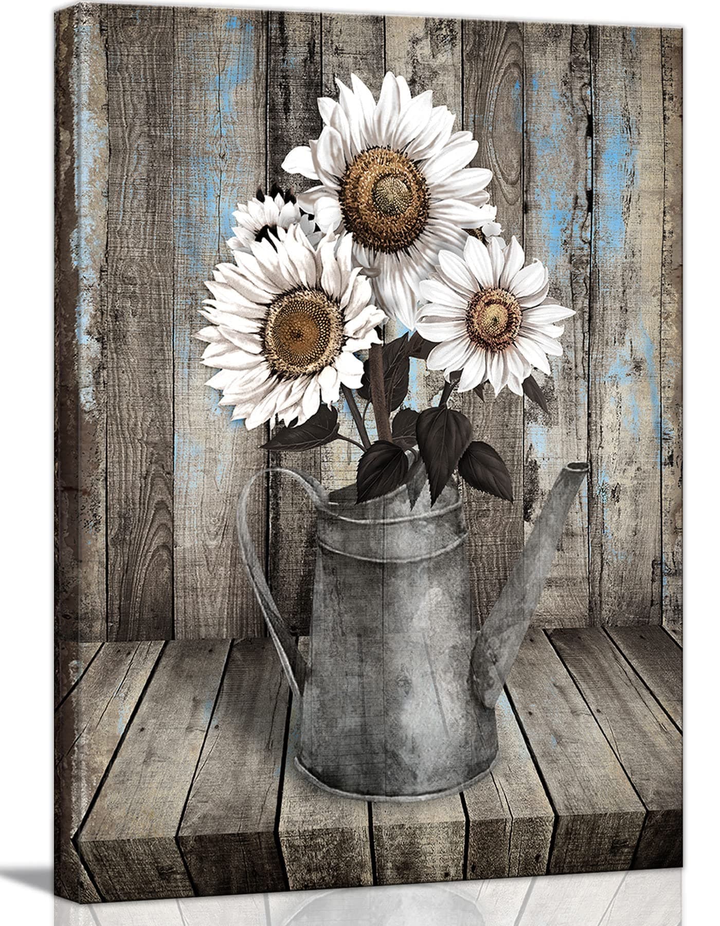 Framed Rustic Farmhouse White Sunflower Wall Art Decor for picture print Floral Vintage Wood Grain Canvas Artwork for Living Room Bedroom Bathroom Office Hotel Modern Home 16x24inch