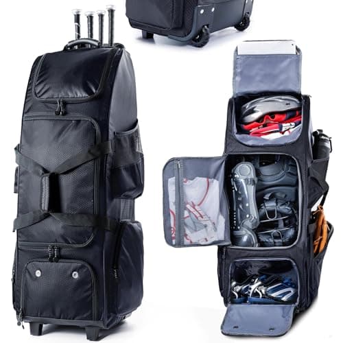 VIGEGARI Large Baseball Bag with Wheels for 4 Bats - Softball Bag with Fence Hook for T-Ball Bat & Equipment, Black, Large with wheels
