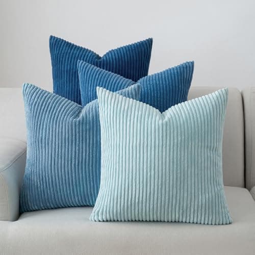 Volcanics Set of 4 Light Blue Corduroy Decorative Couch Throw Pillow Covers 18x18 Inch Soft Modern Boho Striped Accent Cushion Cases for Beach Patio Balcony Summer Gradient Shams Home Decor