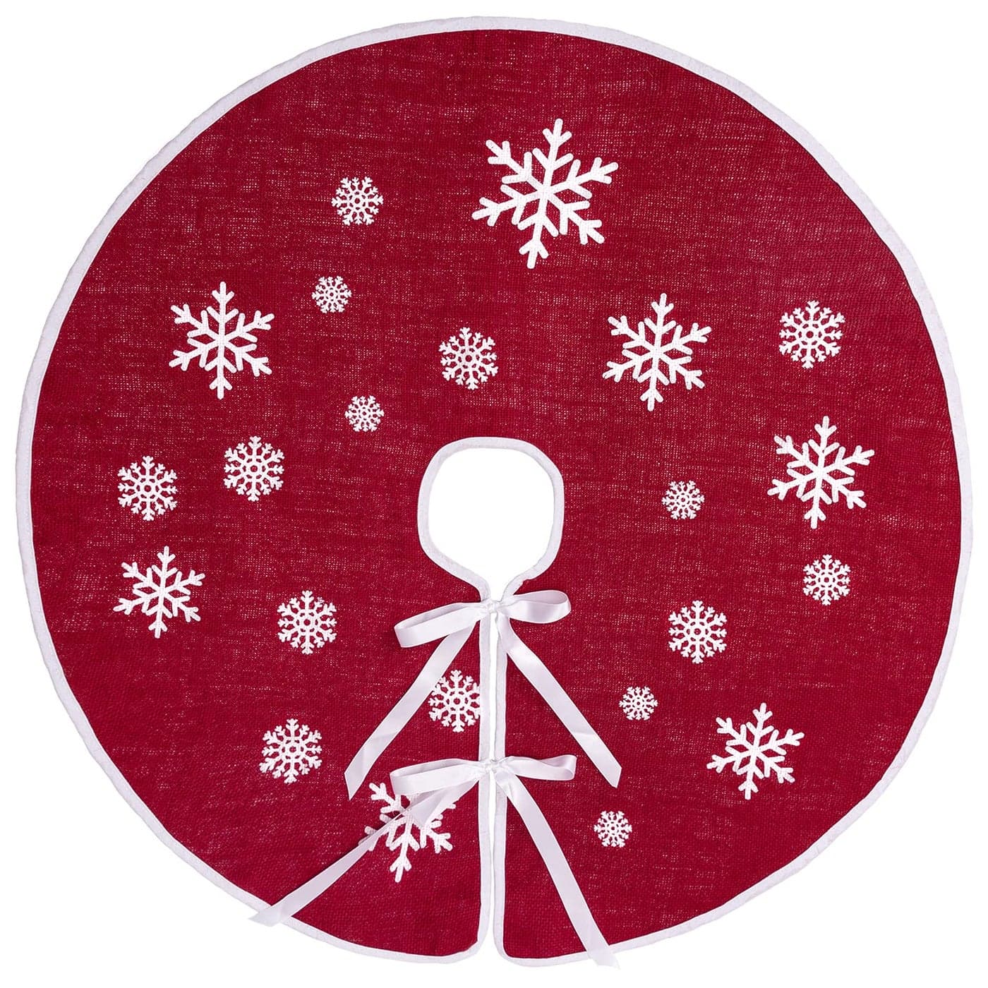 MACTING Christmas Burlap Tree Skirt 30 Inch Red Countryside Tree Skirt with White Snowflake Printed Small Rustic Tree Mat for Home Party Holiday Winter Indoor Xmas Decorations
