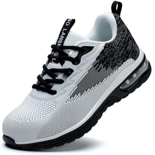 LANSNBO Steel Toe Shoes for Women Lightweight Breathable Safety Work Sneakers Non Slip Puncture Proof Utility Slip On Footwear for Industrial Construction(HEI Bai 39.5 Black White