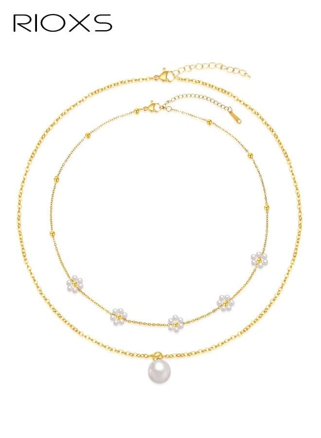 Flower Pearl Necklaces Set for Women, 14K Gold Plated Dainty Layered Pearl Necklaces for Ladies, Elegant Daisy Pearl Choker Golden Necklace Gifts, Trendy Simple Layered Pearl Necklace Set Fashion Jewelry for Party, Prom, Dating, Birthaday and More
