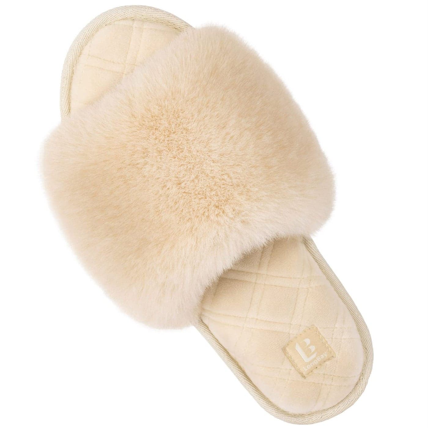 LongBay Women's Fuzzy Faux Fur Memory Foam Cozy Flat Spa Slide Slippers Comfy Open Toe Slip On House Shoes Sandals (Large/ 9-10,Cream)