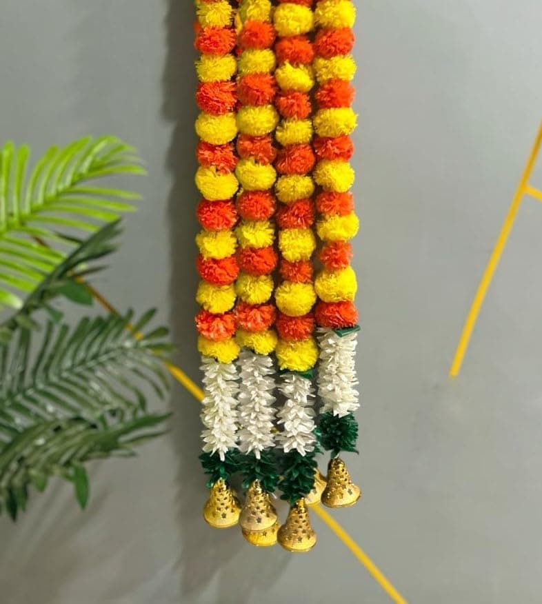 Abhaas Handmade Artificial Jasmine Gajra Marigold Garland Rajnigandha Tassels & Bells Traditional Decor for Diwali/Wedding/Festivals (GN-Y-5142)