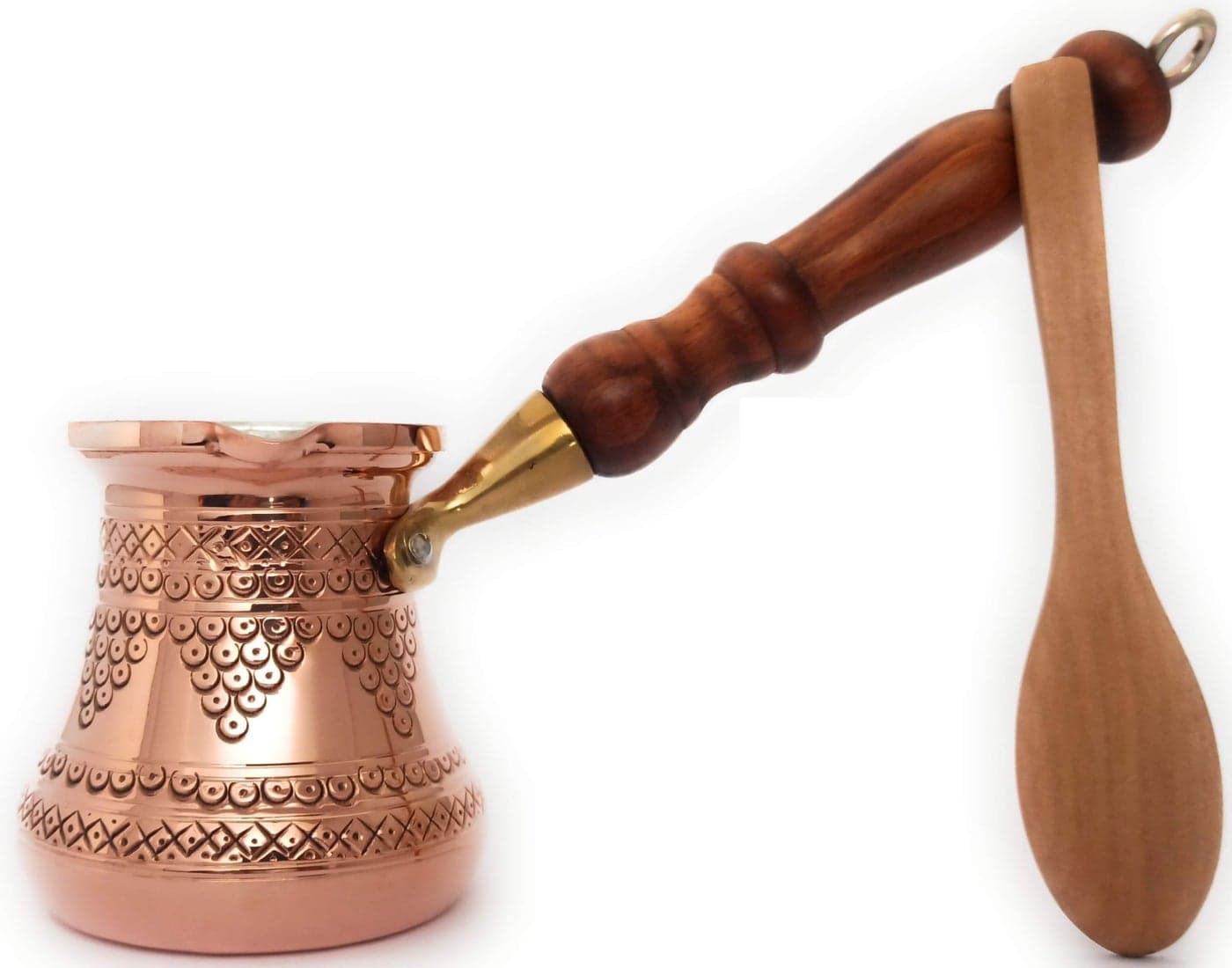 DEDE Copper - PCZ Series (Small-6 fl.oz) - Thickest Solid Copper Engraved/Stamped Turkish Greek Arabic Coffee Pot with Wooden Handle, Stovetop Coffee Maker Cezve Jezve Jazva Jazzve Ibrik Briki (Shiny)