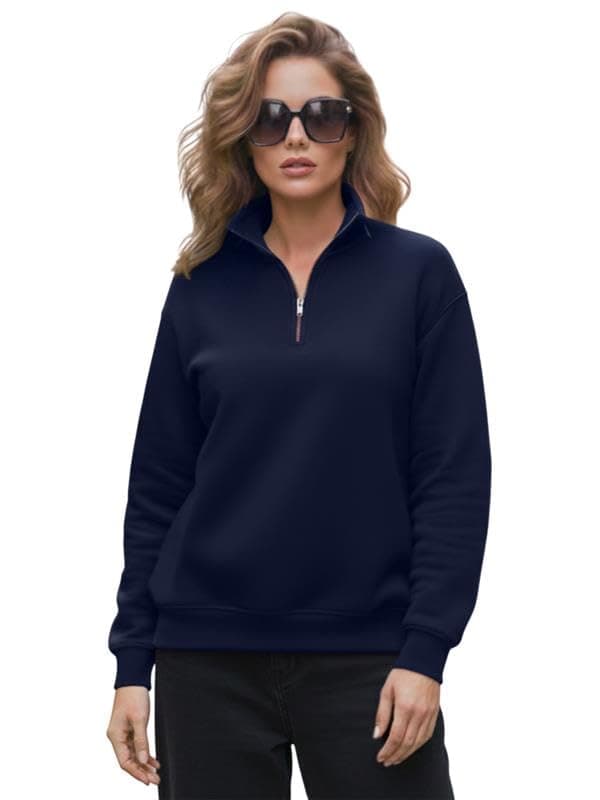 LEOTUDE Women's Cotton Blend High Neck Full Zipper Regular Fit Sweatshirt (GRL_W84_All_Mix_P_Navy_M)