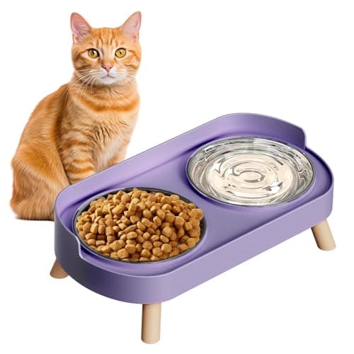 Elevated Cat Bowl, Raised Cat Food and Water Bowl Set for Indoor Cats, Splash Proof with 3 Stainless Steel Pet Food Bowls for Cats and Puppies, Whisker Fatigue and Dishwasher Safe - Purple