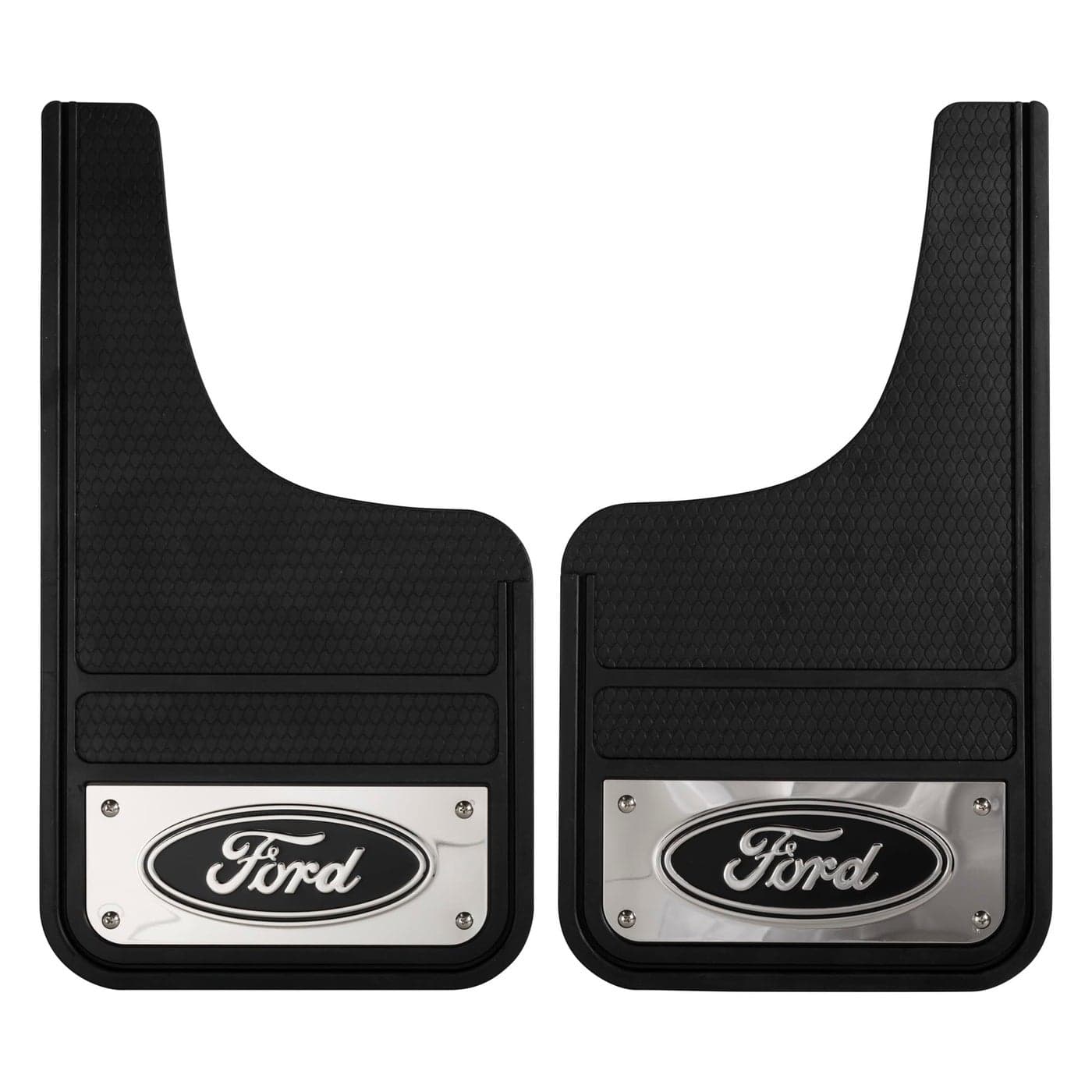 PLASTICOLOR 001837R01 Ford Oval Chrome Plated HeavyDuty Black Front 12 x 22 Mud Guard Set